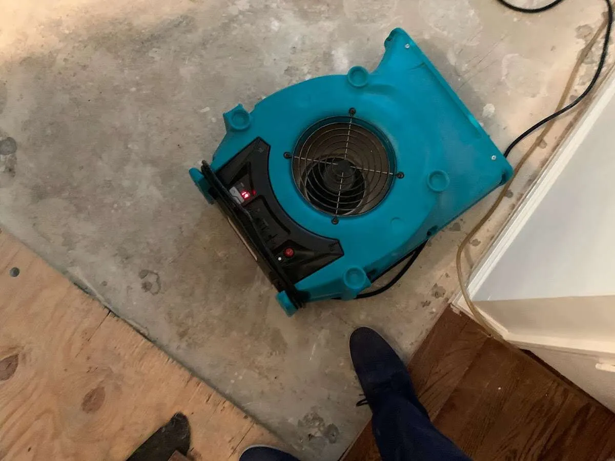 Air mover drying subfloor during Leak Detection & Repair in Brownsburg